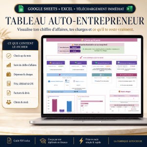 Tableau Auto-Entrepreneur 2026 | Google Sheets & Excel, URSSAF TVA CFE, Factures Devis, Revenu Net