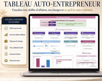 Tableau Auto-Entrepreneur 2026 | Google Sheets & Excel, URSSAF TVA CFE, Factures Devis, Revenu Net