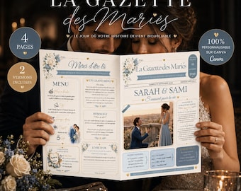 Gazette des Mariés Bleue | Journal de Mariage Canva Modifiable | 2 Modèles Inclus | 4 Pages | Animation Mariage à Imprimer