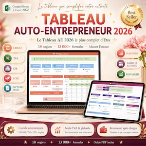 Tableau Auto-Entrepreneur 2026 | Google Sheets & Excel, URSSAF TVA CFE, Factures Devis, Revenu Net