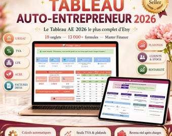 Tableau Auto-Entrepreneur 2026 Google Sheets & Excel | Gestion Micro-Entreprise URSSAF tva CFE | ACRE Plafonds Calculés Auto