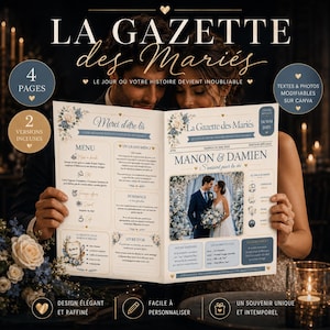 Gazette Mariage Bleue Canva | Journal des Mariés Modifiable | 2 Modèles Inclus | 4 Pages | Jeux Mariage & Menu