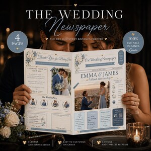 Wedding Newspaper Template Canva, Editable Wedding Program, Dusty Blue 4 Page Printable Keepsake, Digital Download