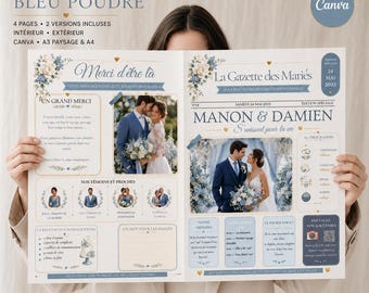Gazette de mariage bleue à personnaliser sur Canva – 2 modèles, jeux, menu et QR code