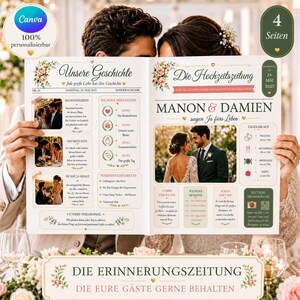 Peut inclure: Un journal de mariage avec les titres "Unsere Geschichte" et "Die Hochzeitszeitung", avec des photos du couple, Manon & Damien. Le journal comprend des détails sur leur relation, le programme du mariage et d'autres moments spéciaux.