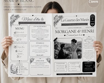 Gazette mariage noir et blanc Canva – 2 modèles de 4 pages, menu et jeux