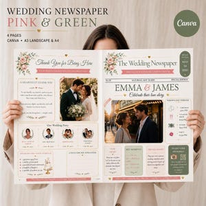 Wedding Newspaper Template, Editable Canva Wedding Program, 4 Pages, Pink Green Floral, A3 A4