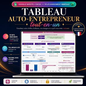 Auto Entrepreneur 2026 – Tableau de gestion URSSAF, TVA, factures et devis | Excel et Google Sheets
