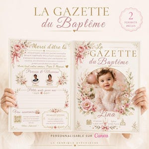 Gazette baptême fille Canva rose poudré – 4 pages, jeux, QR code, A3 et A4
