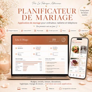 Peut inclure: Application de planification de mariage affichée sur un ordinateur portable et un smartphone. L'écran de l'ordinateur portable affiche les détails du budget, les listes d'invités et les plans de table. Le smartphone affiche des photos d'inspiration de mariage.