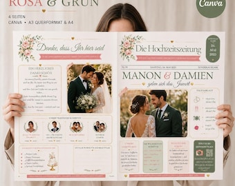 Canva German wedding gazette, 4 pages, blush pink and sage green, A3 A4