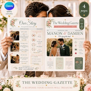 Peut inclure: Une gazette de mariage avec le titre "The Wedding Gazette" et le texte "A keepsake your guests will treasure." La gazette présente des photos, des chronologies et les noms "Manon & Damien."