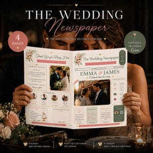 Wedding Newspaper Template Canva, Editable Wedding Program, 4 Page Printable Wedding Keepsake, Pink Green