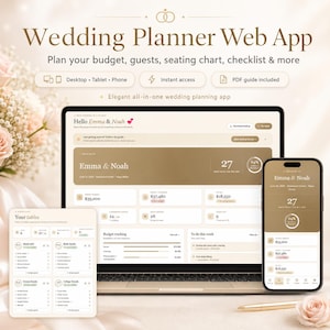 Peut inclure: Une application web de planification de mariage affichée sur un ordinateur portable, une tablette et un téléphone. L'interface montre le suivi du budget, les listes d'invités et les listes de contrôle. Le texte indique "Wedding Planner Web App" et "Hello Emma & Noah."