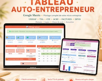 Tableau Gestion Auto Entrepreneur 2026 | Excel + Google Sheets | URSSAF TVA CFE Plafonds | Factures Devis Micro Entreprise | Master Finance