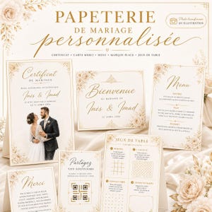 Peut inclure: Ensemble de papeterie de mariage personnalisée avec des motifs floraux. Comprend des invitations, des menus, des jeux de table et des cartes de remerciement. Le texte inclut les noms "Inès & Imad" et la date "12 Avril 2024".