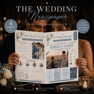 Wedding Newspaper Template Canva, Editable Wedding Program, Dusty Blue 4 Page Printable Keepsake, Digital Download