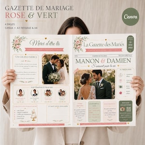 Gazette de mariage rose poudré – Journal des mariés Canva, 4 pages avec jeux