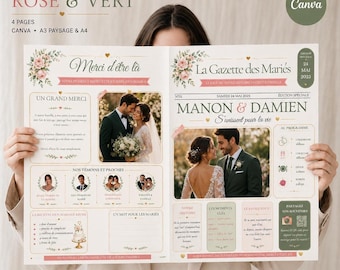 Gazette de mariage rose poudré – Journal des mariés Canva, 4 pages avec jeux