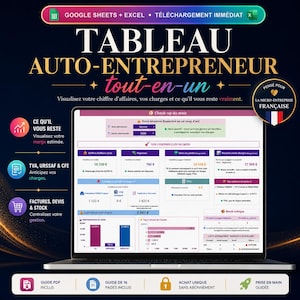 Tableau auto-entrepreneur 2026 – Gestion URSSAF, TVA, factures et devis sur Excel et Google Sheets