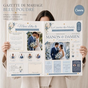 Gazette mariage bleue à personnaliser sur Canva – 2 modèles, jeux, menu et QR code
