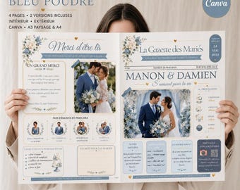 Gazette mariage bleue à personnaliser sur Canva – 2 modèles, jeux, menu et QR code
