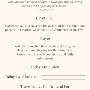 May include: A devotional journal page with the title "You Are Chosen" in pink script. The page includes a Bible verse, devotional text, a prayer, and prompts for daily intentions and gratitude. The background is a soft beige.