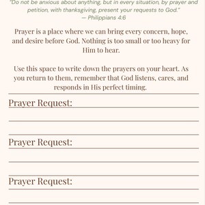May include: A beige-colored page with the title "Prayer Requests" in pink script. The page includes a Bible verse and space to write prayer requests. The text encourages writing down prayers and remembering God's presence.