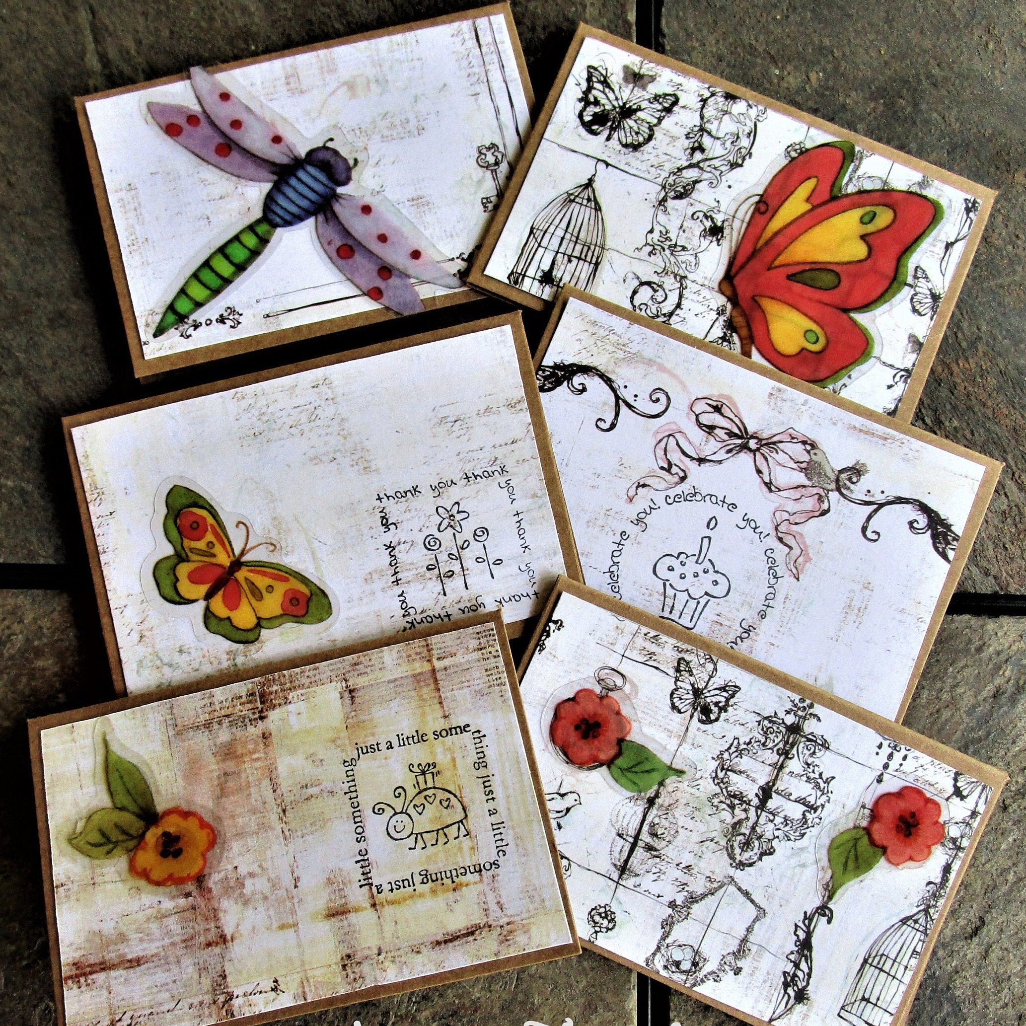 Handmade Mini Note Cards Kraft Cards Butterfly and Floral Etsy