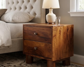 Small Nightstand with 2 Drawers, Wood Bedside Table, Bedroom Storage Cabinet