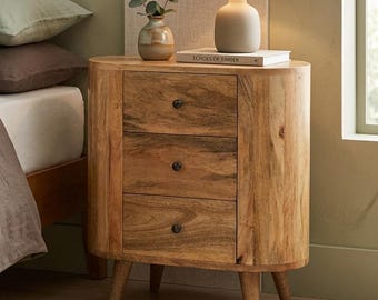 Solid Mango Wood Nightstand, 3 Drawer Bedside Table, Rounded Storage Cabinet