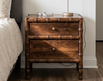 Nightstand with 2 Drawers, Bamboo-Style Bedside Table, Roasted Almond