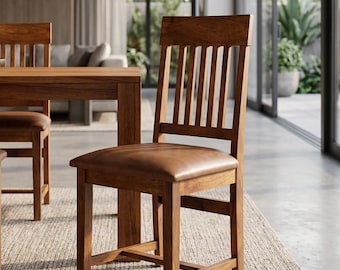 Wood Dining Chair, Leather Seat, Slat Back, Farmhouse Accent Seating