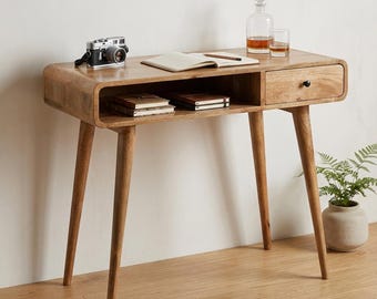 Solid Mango Wood Writing Desk, Home Office Table, Drawer Shelf, Oak Chestnut Walnut Finish