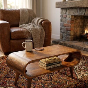 May include: A low, oval-shaped wooden coffee table with a smooth surface and an open storage shelf underneath. The table holds a ceramic mug and a stack of three books titled The Sun Also Rises, To Kill a Mockingbird, and On the Road.