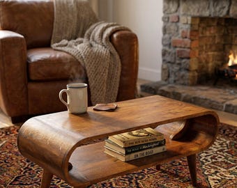 Danish Modern Mango Wood Coffee Table, Curved Oval Low Table with Shelf, Narrow Scandi