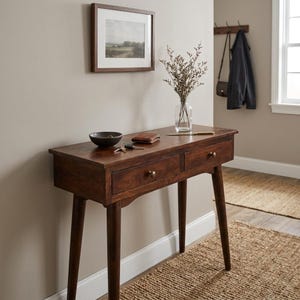 May include: A dark brown wooden console table with four tapered legs and two drawers featuring small round knobs. The tabletop holds a dark bowl, a small leather wallet, a set of keys, and a clear glass vase containing dried botanical stems.