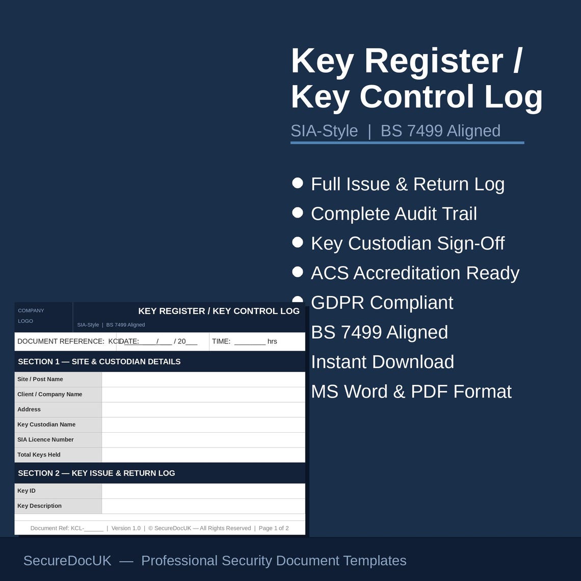 Key Register / Key Control Log Template | UK Security | BS 7499 Aligned ...