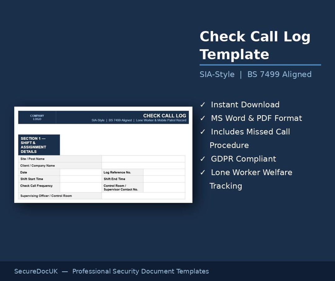 Security Check Call Log Template | Lone Worker Welfare Record (word ...