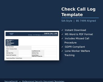 Security Check Call Log Template | Lone Worker Welfare Record (Word & PDF)