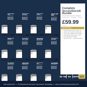 Op de afbeelding: Een donkerblauwe afbeelding met een verzameling beveiligingsdocument sjablonen, waaronder incidentrapporten en bezoekerslogboeken. De tekst "Complete SecureDocUK Bundle" wordt weergegeven, samen met een prijs en een lijst met meegeleverde documenten.