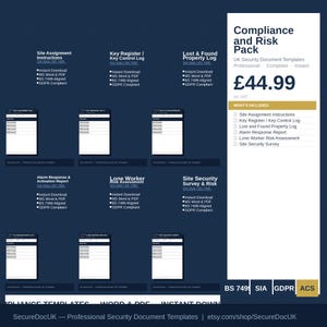 May include: A dark blue graphic with text and document templates for security and risk management. The text includes "Compliance and Risk Pack", "Site Assignment Instructions", and "Key Register / Key Control Log".
