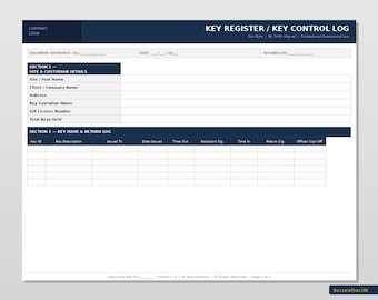 Key Register / Key Control Log Template | UK Security | BS 7499 Aligned (Word & PDF)