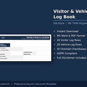 Può includere: Un modello digitale di registro visitatori e veicoli su sfondo blu scuro. Il documento presenta un'intestazione con il titolo, SIA-Style e il testo BS 7499 Aligned. La sezione 1 include campi per il nome del sito, il cliente e i dettagli.