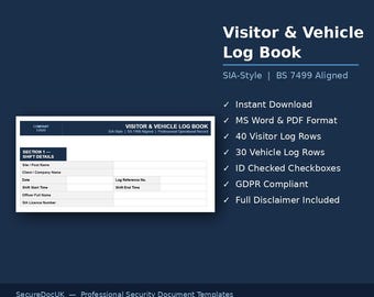 Visitor Vehicle Log Book | SIA-Style, BS 7499 Aligned, GDPR Compliant (word/pdf)