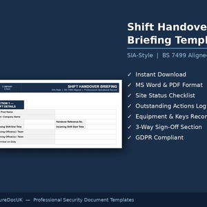 K&ouml;nnte beinhalten: Dunkelblaues Dokument mit dem Titel "Shift Handover Briefing Template" mit wei&szlig;em Text. Die Vorlage enth&auml;lt Abschnitte f&uuml;r Schichtdetails, Standortstatus und Ausr&uuml;stungsaufzeichnungen. Sofortiger Download und DSGVO-konform.