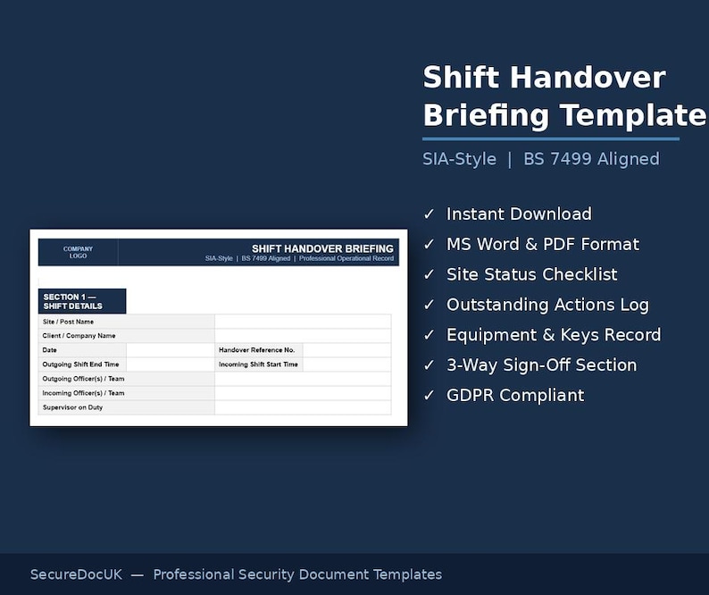 K&ouml;nnte beinhalten: Dunkelblaues Dokument mit dem Titel "Shift Handover Briefing Template" mit wei&szlig;em Text. Die Vorlage enth&auml;lt Abschnitte f&uuml;r Schichtdetails, Standortstatus und Ausr&uuml;stungsaufzeichnungen. Sofortiger Download und DSGVO-konform.