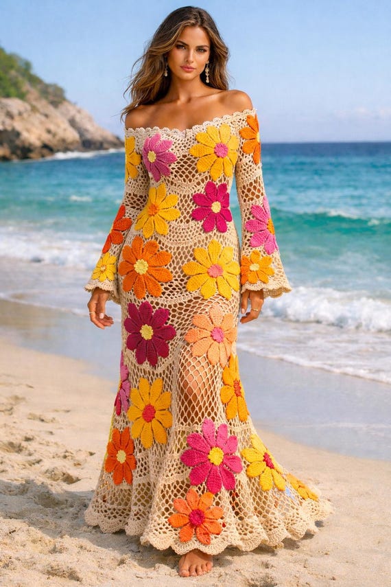 crochet maxi dress with flowers Blue Floral Crochet Maxi Dress