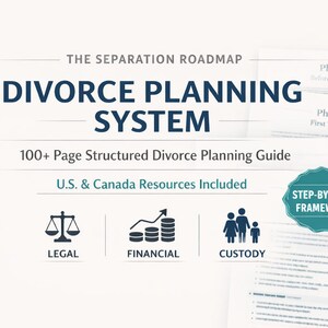Può includere: Grafica bianca con il testo "DIVORCE PLANNING SYSTEM" e "Guida alla pianificazione del divorzio strutturata di oltre 100 pagine". Sono incluse icone per aspetti legali, finanziari e di affidamento.