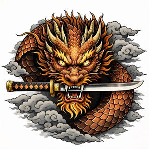 Japanese Dragon Tattoo Design Stencil, Linework, Color Reference (Digital Download)
